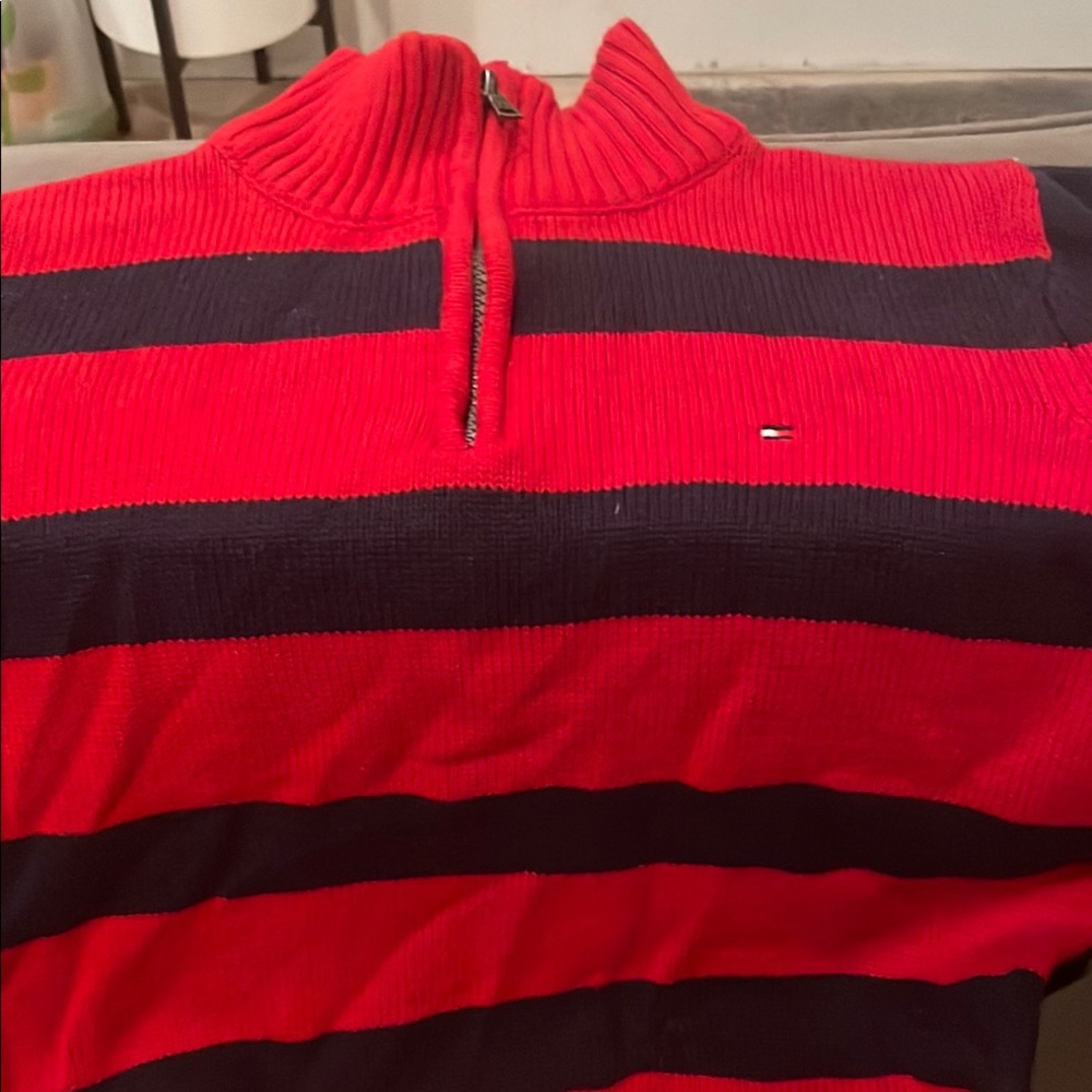 Tommy Hilfiger Men's Red and Black Striped Sweater